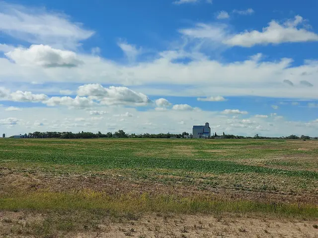 Grain elevator and fields seen from Highway 13